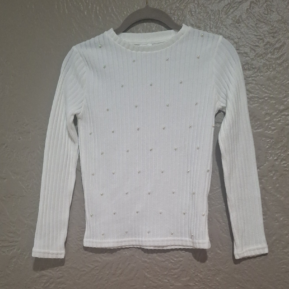 Zara White Ribbed Kids Sweater with Embellishments